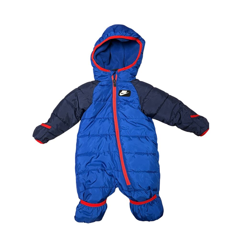 Nike Baby Snowsuit Blue Hooded Puffer Fleece Lined Winter Bunting Size 3M